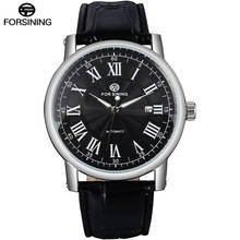 Forsining relógio de pulso de couro masculino, relógio automático de marca popular para homens, mostrador preto com data romana 2024 - compre barato
