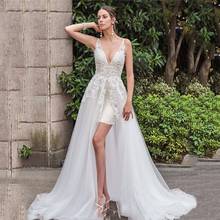 Sexy vestido de casamento de tule com decote em v para as mulheres rendas frisadas appliqued backless praia vestidos de noiva vestido de novia a linha trem de varredura 2024 - compre barato