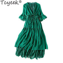 Tcyeek vestido de verão de seda feminino, de alta qualidade 100% vestido longo elegante coreano fashion para mulheres 2021 2024 - compre barato