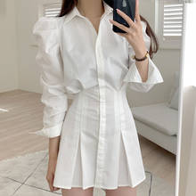 2021 Women White Shirt Dress Vintage Long Sleeves Turn Up Collar Mini Dress Fashion Elastic Back Button Waist Pleated Dresses 2024 - buy cheap