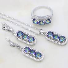 925 prata esterlina jóias de cristal branco mystic rainbow cz conjuntos de jóias para mulheres brincos de festa/anel/pingente/colar 2024 - compre barato