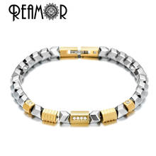 REAMOR Unique Silver Color Hematite Bracelet Freedom DIY Zircon Golden Beads Stainless Steel Link Bracelet Handmade Men Jewelry 2024 - buy cheap