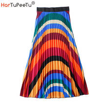 Pleater Midi Skirt Women Rainbow Striped Chiffon Elastic High Waist Skirts Elegant Colourful 2022 Summer Autumn 2024 - buy cheap