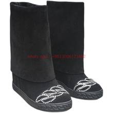 Botas de tacón interno para mujer, botines de piel con diamantes de imitación, punta redonda, color negro, 8CM 2024 - compra barato