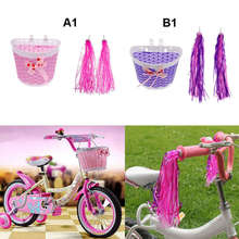 Велосипед Розовая/фиолетовая корзина на руль + ретро ленты с кисточками для детей Велосипеды Трехколесные скутеры 2024 - купить недорого