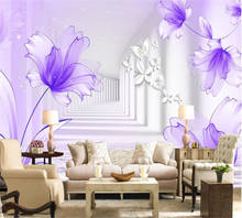 Beibehang decoração para casa de fundo e quarto, grande personalizado roxo lily 3d estéreo sala de estar quarto 2024 - compre barato