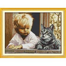 Impressão tradicional de menino e gato, kit de bordado com estampa em ponto cruz 11ct 14ct, artesanato com bordado, pintura de decoração para casa 2024 - compre barato