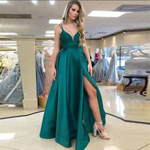 Sexy A Line Emerland Green Satin Long Prom Dress Spaghetti Strap High Slit Prom Dresses Custom Made Pageant Party  Gowns 2020 2024 - buy cheap