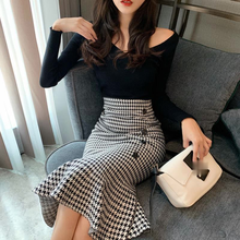 Women Autumn Houndstooth Sweet Trumpet Skirt Female Vintage Long Mermaid Skirts Summer Fashion Skirt Fairy Lady Mid Calf Skirt 2024 - buy cheap