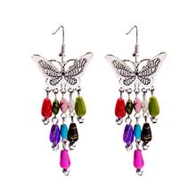 Vintage mariposa de plata Aleación de piedra borla pendientes de gota para las mujeres Retro hecho a mano verano pendientes joyería tibetana 2024 - compra barato