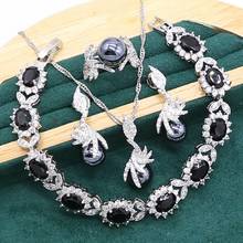 Conjunto de joyería de plata 925 con perla negra para mujer, pendientes, collar, colgante, anillo, pulsera de circonita 2024 - compra barato