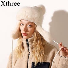 Xthree bomber chapéus de inverno chapéu feminino quente kitted chapéu com aba de orelha falso pele trapper boné com pom pom 2024 - compre barato