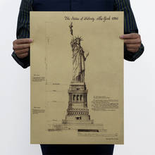 Винтажный Декор для дома, статуя свободы в Нью-Йорке 1886, дизайнерские рисунки, Ретро плакат, крафт-бумага, наклейка на стену 51x35 см 2024 - купить недорого