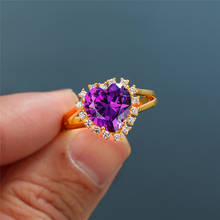 Anel de pedra de cristal roxo feminino elegante, anel oco dourado amarelo, fofo, feminino, de noivado, coração grande 2024 - compre barato