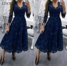Navy Blue V Neck Modest Tea Length Plus Size Mother of the Bride Dress 3/4 Long Sleeves Wedding Party Gowns Lace Formal Guests 2024 - buy cheap