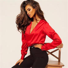 Блузка Женская атласная розовая, с длинным рукавом и V-образным вырезом, модная повседневная винтажная уличная шелковая рубашка, шелковая атласная блузка 2024 - купить недорого