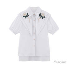 Camisa de manga corta con cuello Peter Pan para Mujer, Blusa blanca holgada con bordado de flores, ropa de verano, 2021 2024 - compra barato