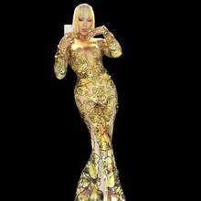 Трико женское с золотыми и желтыми кристаллами, пикантный комбинезон для шоу диджея, бара, певицы, танцовщицы, выступления 2024 - купить недорого