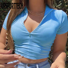 URSPORTTECH Short Sexy Crop Women Tshirt Casual Zipped Collar T-shirts Women Solid Short Sleeve Sexy Club Tshirt for Women Tops 2024 - buy cheap