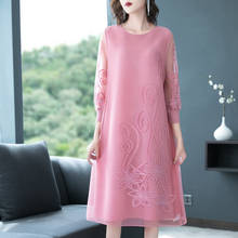 Plus Size Dress Pink Women Autumn 2020 New Big Stretch Miyake Pleated Beading Embroidered O Neck 3/4 Sleeve Loose A Line Dress 2024 - buy cheap