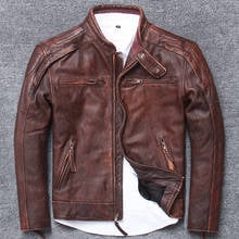 Chaqueta de cuero genuino para hombre, abrigo de cuero de vaca Real, chaqueta de motocicleta Vintage, abrigos cortos de cuero de vaca marrón, U15617-3 J3209 2024 - compra barato