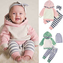 Conjunto 3pcs moletom manga longa tricotado bebê menina menino moletom com capuz + calça legging listrada roupas para recém-nascido 2024 - compre barato