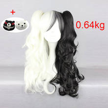 Peruca danganronpa monokuma feminina, peruca longa para cosplay de cabelo sintético encaracolado, para fantasia preta e branca, resistente ao calor + touca 2024 - compre barato