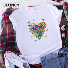 JFUNCY-Camiseta de manga corta para mujer, Tops con estampado de corazón de mariposa, camiseta de talla grande, camisetas informales holgadas de algodón para mujer 2024 - compra barato