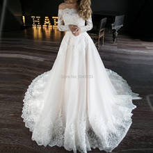 Vestido de noiva de luxo com miçangas vestidos de casamento sexy fora do ombro barco pescoço rendas mangas compridas botões vestido de noiva 2024 - compre barato