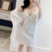 Conjunto de pijamas de cetim sensual, camisola sexy para mulheres, roupas de dormir, camisola sexy com bordado branco floral, 2 peças 2024 - compre barato