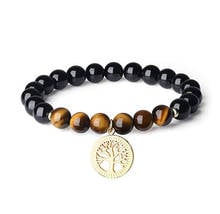 FYJS Unique Jewelry Light Yellow Gold Color Tree of Life Tiger Eye Stone Connect 8 mm Black Agates Round Beads Bracelet 2024 - buy cheap