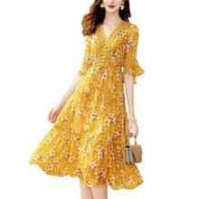 2021 Fashion Women's Summer Print Faux Mulberry Silk Lace Dress V-Neck Short Sleeve Yellow Elegant A-Line Ruffle Dresses KW481 2024 - buy cheap