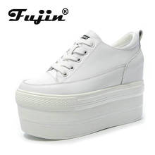 fujin 2021 New Fall Women's Vulcanized Shoes Leather Thick-soled Small White Shoes Lace-up Sponge Heels Increase Casual Shoes 2024 - buy cheap