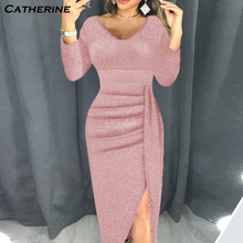 Женское вечернее Платье с блестками, Осеннее облегающее Платье с длинным рукавом и v-образным вырезом, длинное Платье большого размера, модель 2020 # J3 2024 - купить недорого