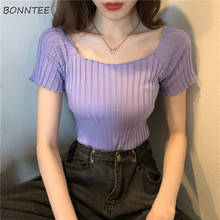 T-shirts Womens Summer Square Collar Knitted Wood Ears Solid Short Sleeve Korean Style Slim Sexy Crop Tops Chic Ins Pullover New 2024 - buy cheap