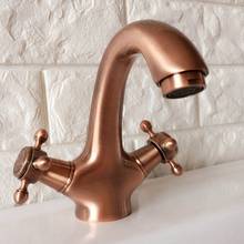 Antique Red Copper Bathroom Basin Faucets Single Hole Basin Mixer Hot Cold Mixer Tap Double Handles 2024 - buy cheap