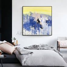 Quadros abstratos modernos pintados à mão, pinturas a óleo em tela, nas cores azul, amarelo e dourado, para decoração de parede de casa, para sala de estar 2024 - compre barato