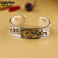 Uglyless Handmade Lotus Flower Lotus Leaf Bangles for Women 17MM Width Open Bangles Solid 925 Thai Silver Buddha Jewelry BA746 2024 - buy cheap