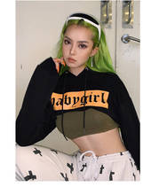 Spring Streetwear Top Women T-shirts Black Casual Punk Hooded Printing Fashion Female Long Sleeve Short Exposed Navel Top New 2024 - buy cheap