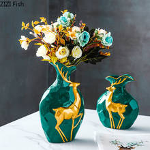 Vaso rústico nórdico para decoração de casa, vaso de cerâmica, alívio, cervo dourado, superfície geométrica, arranjo floral, vaso de flores de porcelana 2024 - compre barato