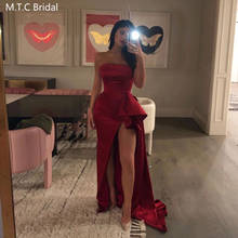 Burgundy Sexy Strapless Prom Dresses Long Satin Formal Occasion Party Dress High Slit Sleeveless Plus Size Wedding Guest Gowns 2024 - buy cheap