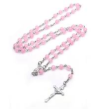 Qtigo-collar largo de Cruz de la Virgen para mujer, joyería católica, cuentas de cristal rosa, regalo religioso 2024 - compra barato