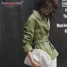 Aelegantmis-Chaqueta de piel sintética para mujer, abrigo básico de un solo pecho, informal, verde, con cinturón, otoño 2024 - compra barato