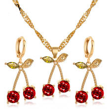 Bonito feminino conjunto de jóias de cristal vermelho charme ouro cor casamento balançar brincos para as mulheres doce frutas cerejas corrente colar 2024 - compre barato