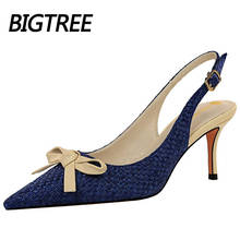 BIGTREE High Heels Fashion Knitting Mules Shoes Bowknot Women Shoes Stiletto Buckle Strap Sandals Ladies Women's Pumps Blue 2024 - buy cheap