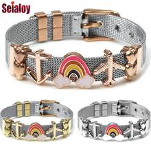 Ouro rosa malha pulseira de aço inoxidável pulseiras para homens céu arco-íris avião âncora charme marcas relógio cinto pulseiras 2024 - compre barato