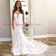 Unique Flower Lace Mermaid Wedding Dresses Sheer Neckline Ivory Applique Sleeveless Open V Back Bridal Gowns vestido de noiva 2024 - buy cheap