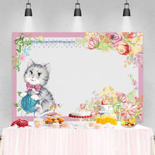 Laeacco-fundo de fotografia com desenhos de gato, flores rosa, fundo personalizado de festa de aniversário, adiciona foto de bebê para estúdio fotográfico 2024 - compre barato