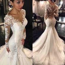 2021 MYYBLE Appliques Bright Sequined Long Sleeves Embroidered Lace on Net Illsuion Mermaid Wedding Dresses Button Tulle Train 2024 - buy cheap