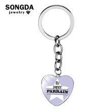  Cartoon Pattern Super Parrain Glass Art Heart Pendant Keychain Silver Plated Key Chain Holder Godfather Gift Men Jewelry 2024 - buy cheap